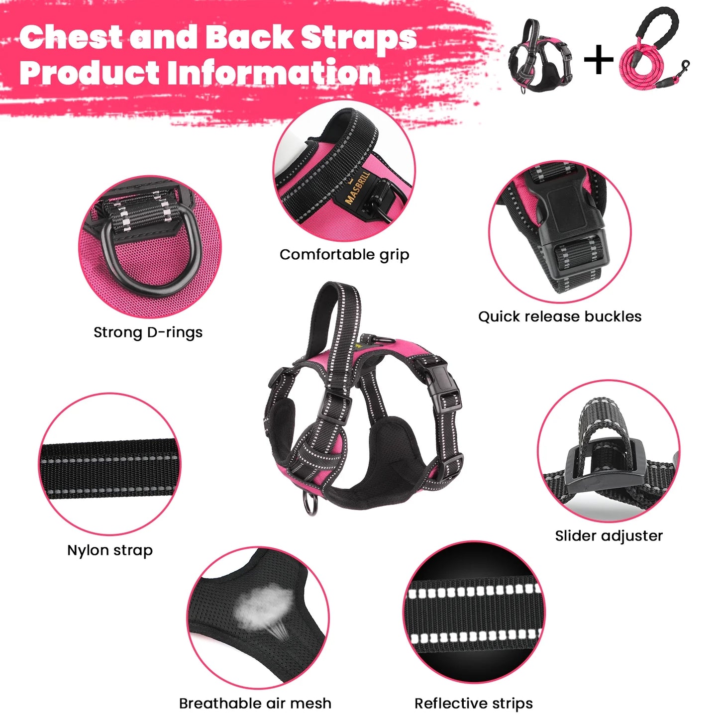 MASBRILL Dog Harness and Leash Set, No Pull Vest Harness, Reflective Adjustable Soft Padded Pet Harness with Handle for Small to Large Dogs