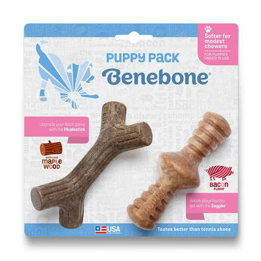 Benebone Puppy Maplestick Durable Dog Chew Toy, 2-Pack, Zaggler Bacon, Tiny