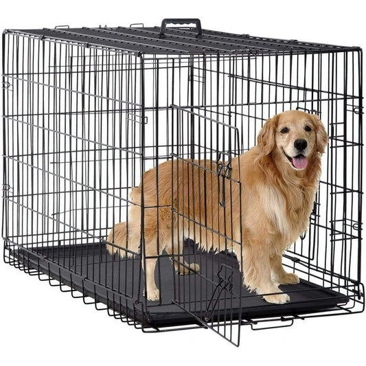 BestPet 48 inch Foldable Metal Dog Crate for Large Dogs, Double Door, Divider, Removable Tray(Black)