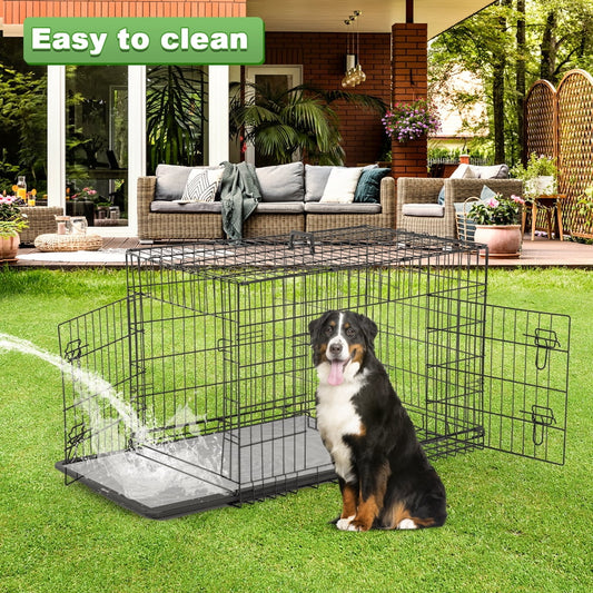 BestPet 48 inch Foldable Metal Dog Crate for Large Dogs, Double Door, Divider, Removable Tray(Black)