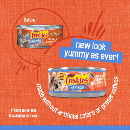 (12 pack) Purina Friskies Shreds, Chicken and Salmon Dinner in Gravy, Wet Cat Food, 5.5 oz Can